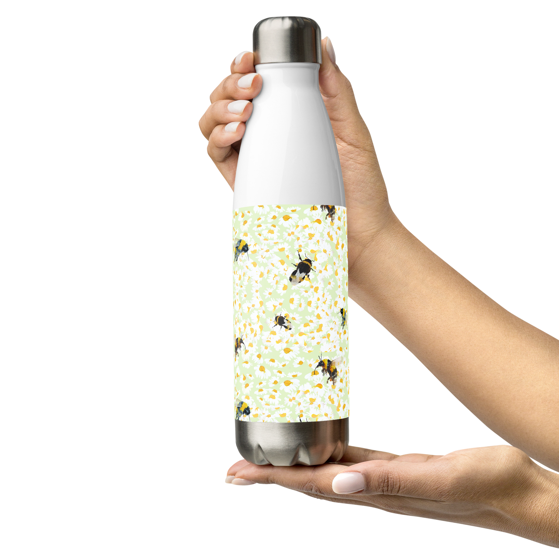 Bee's and Daisy Pattern on drinking bottle by Artist Annie Grant