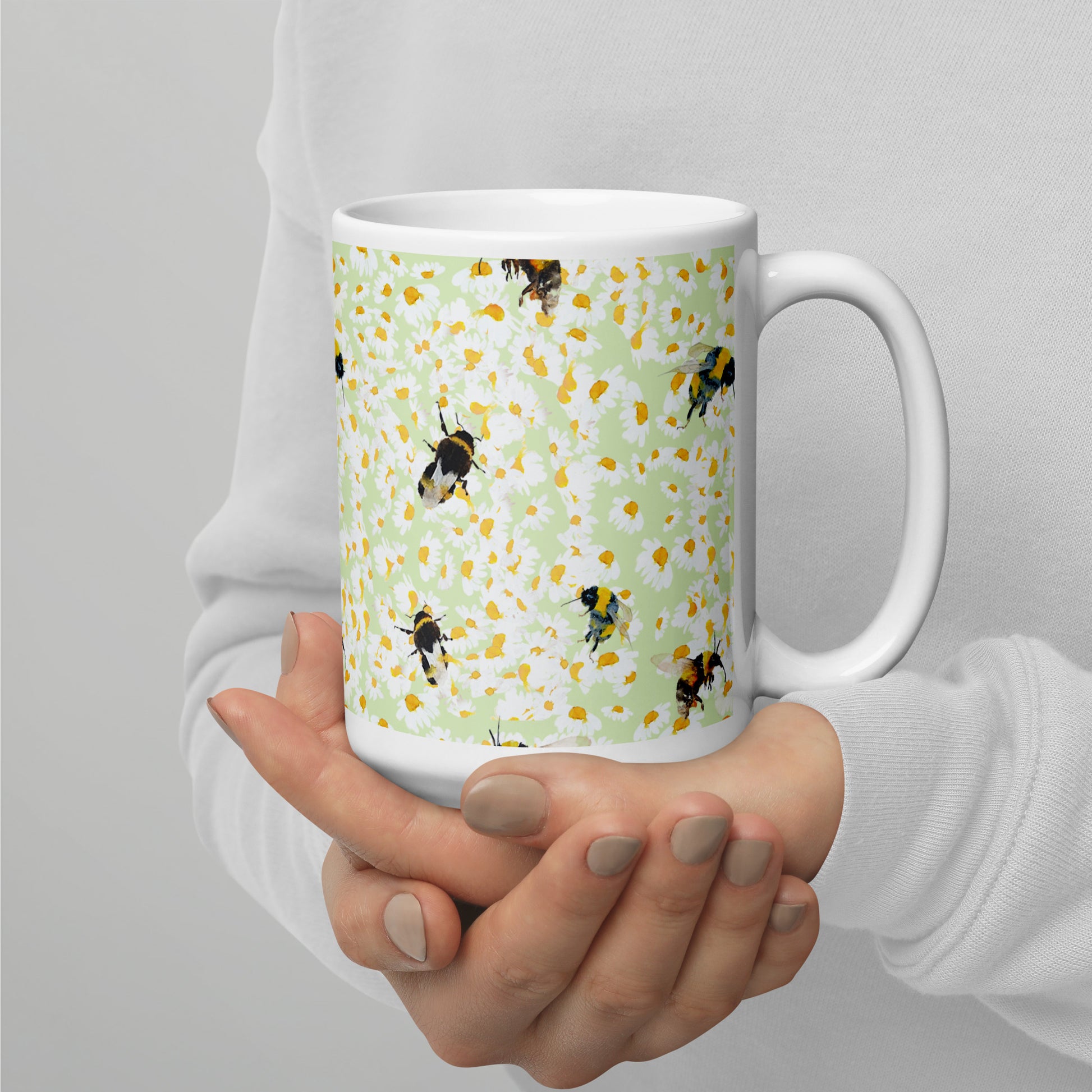 Design Bee and Daisies Mug by Artist Annie Grant